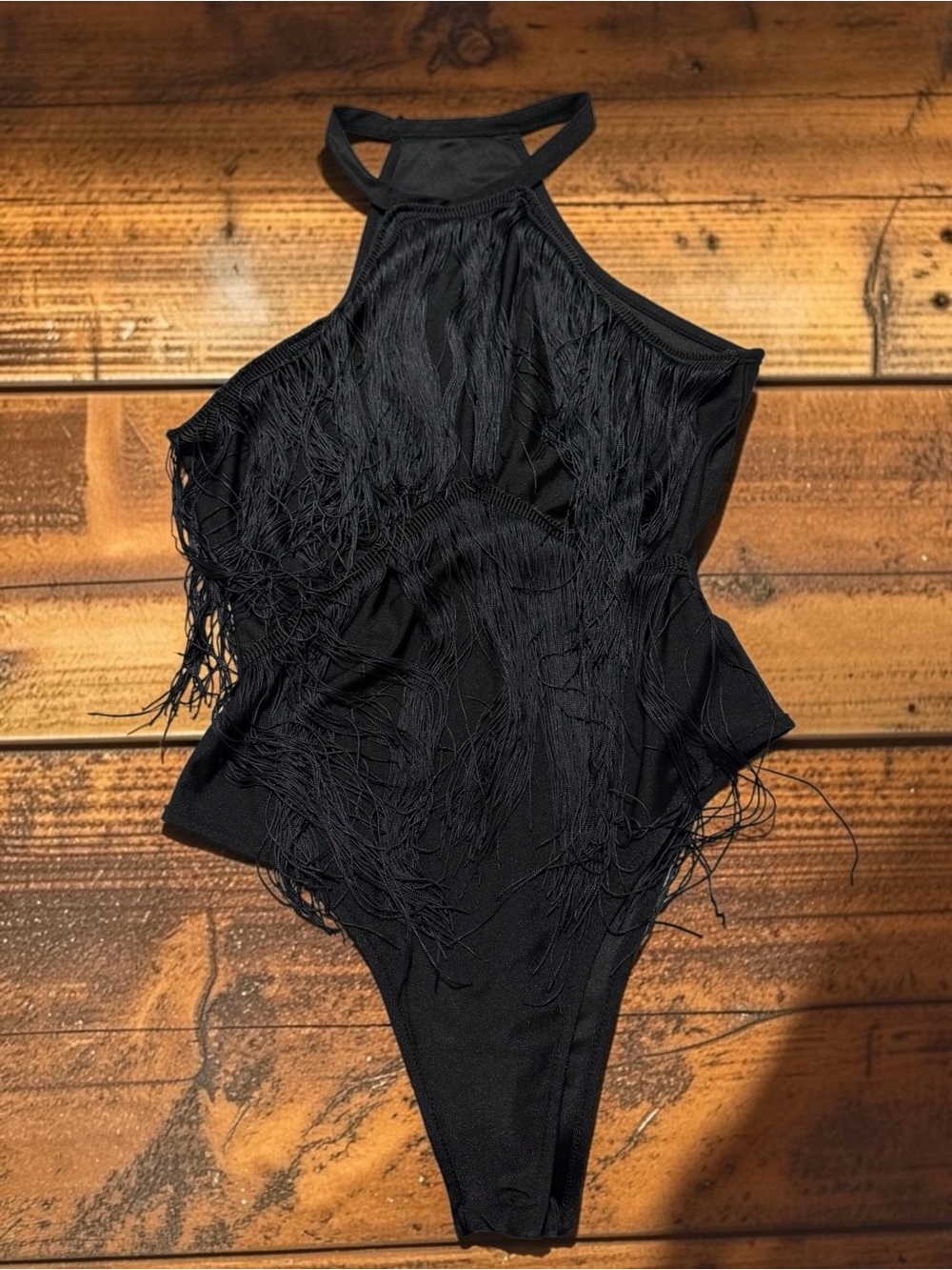 SHEIN Black Fringe Halter Bodysuit Back High Cut Club Sz L